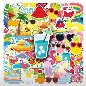 Set of 50 Summer Party Stickers Bright Colors Fruit Flamingo Sunglasses Drinks